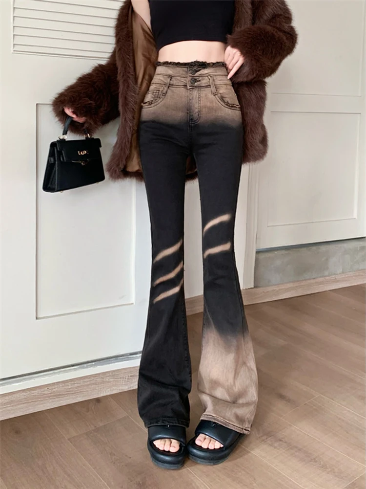 REDDACHiC Two Tone Gradient Flare Jeans Women Distressed Bootcut Pants Double-button Slim High Rise Bell Bottoms Vintage Clothes