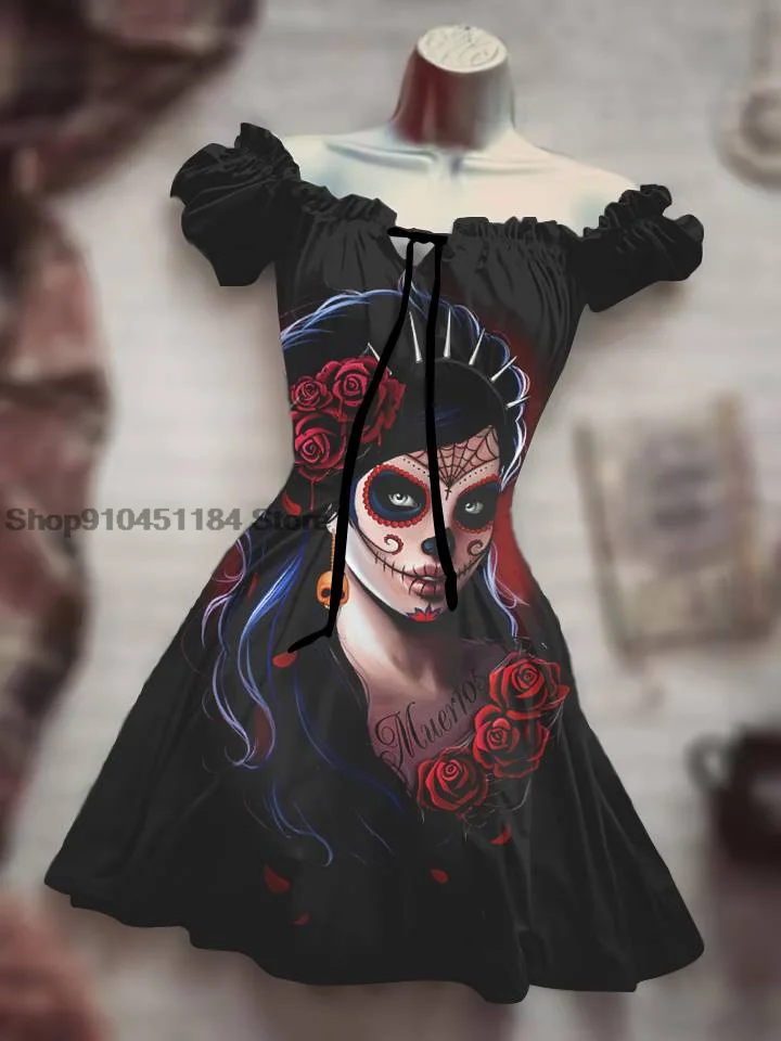 New Halloween Humor Funny Horror Print Costume Summer Ladies Puff Sleeve Mid Waist Dress Women Fashion Everyday Clothing