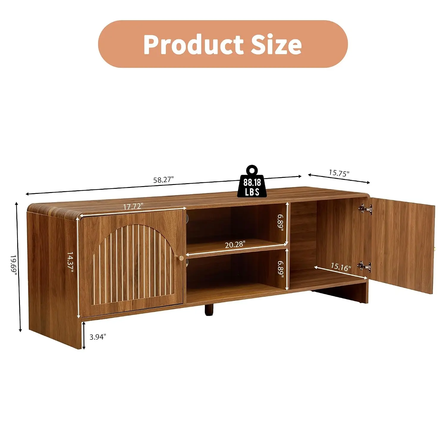 Mid-Century Wood TV Stand for 55-65 Inch TV, Console with Adjustable Shelf & Arch Pattern, Entertainment Center for Living Room,