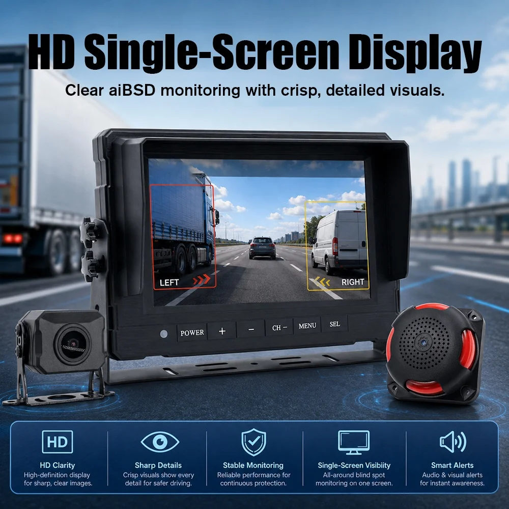 AI BSD System Quad Camera Blind Spot Detection 9 Inch Waterproof Voice Alarm Speaker Truck Fleet Commercial Vehicle Kit
