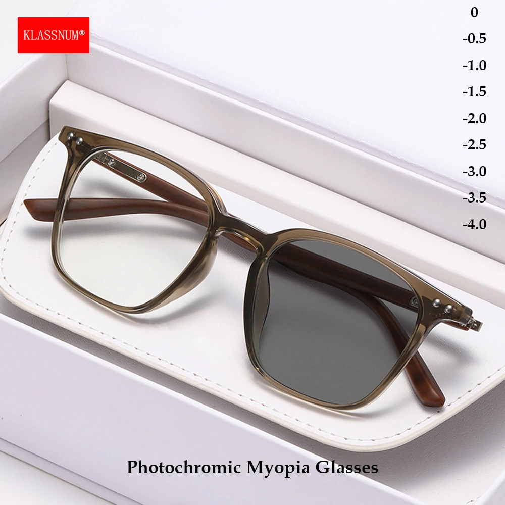 KLASSNUM Photochromic Square Myopia Glasses Women Men Classic Prescription Glasses with Minus Diopters-0.5-1.0-1.5-2.0-2.5-3.0