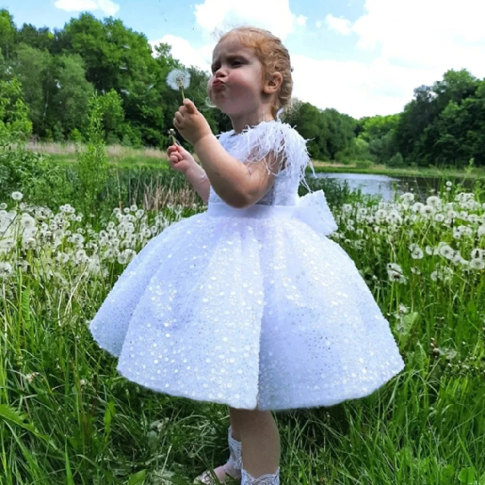 เด็กชุดสาวดอกไม้สีขาว Glitter ลูกปัด Feather Bow Evening Party กระโปรง Ball Gown Communion เด็ก Tutu