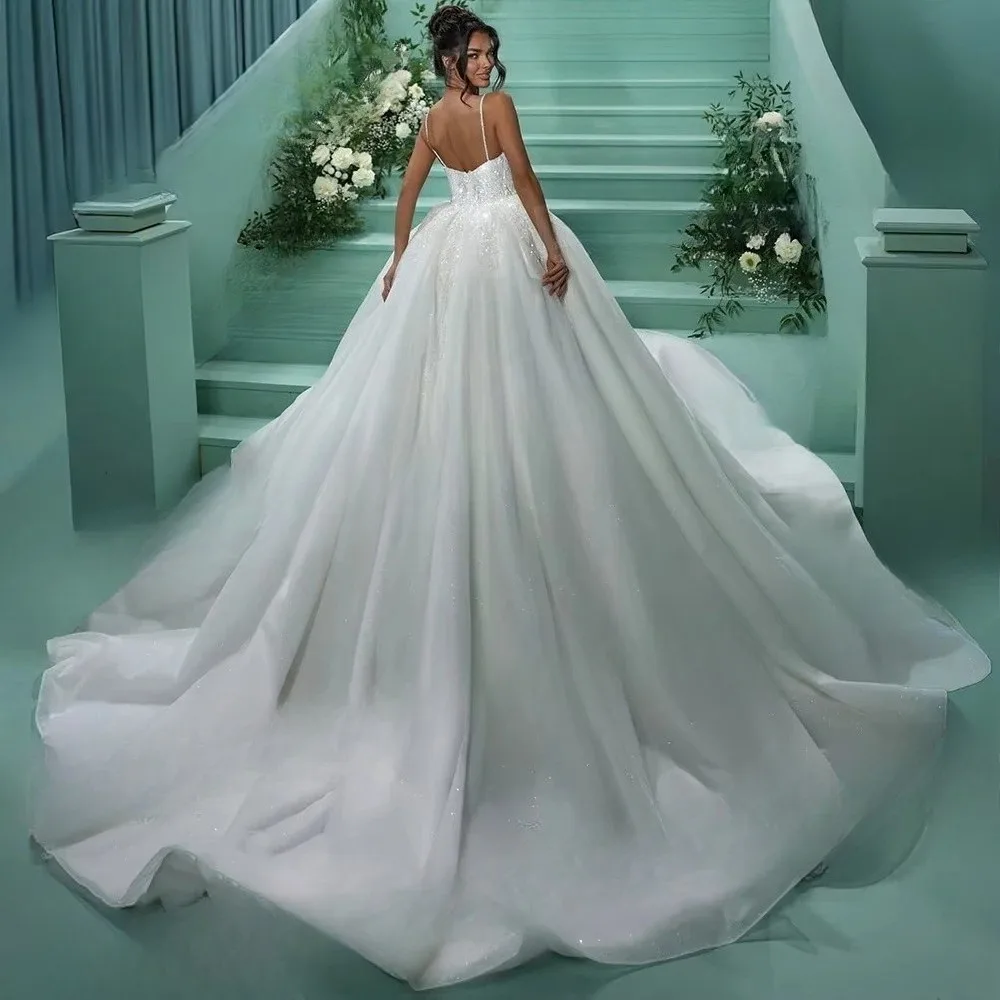 Sparkling A Line Women's Sexy Spaghetti Straps Wedding Dresses Vestido De Novia Backless Bride Gowns Customized Robe De Mariée