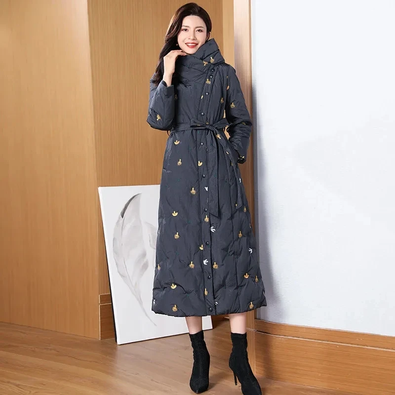 

Down Jacket Women 2022 Winter New Fashion Slim Versatile White Duck Down Coat Female Large Size Long Printing Hooded Parkas