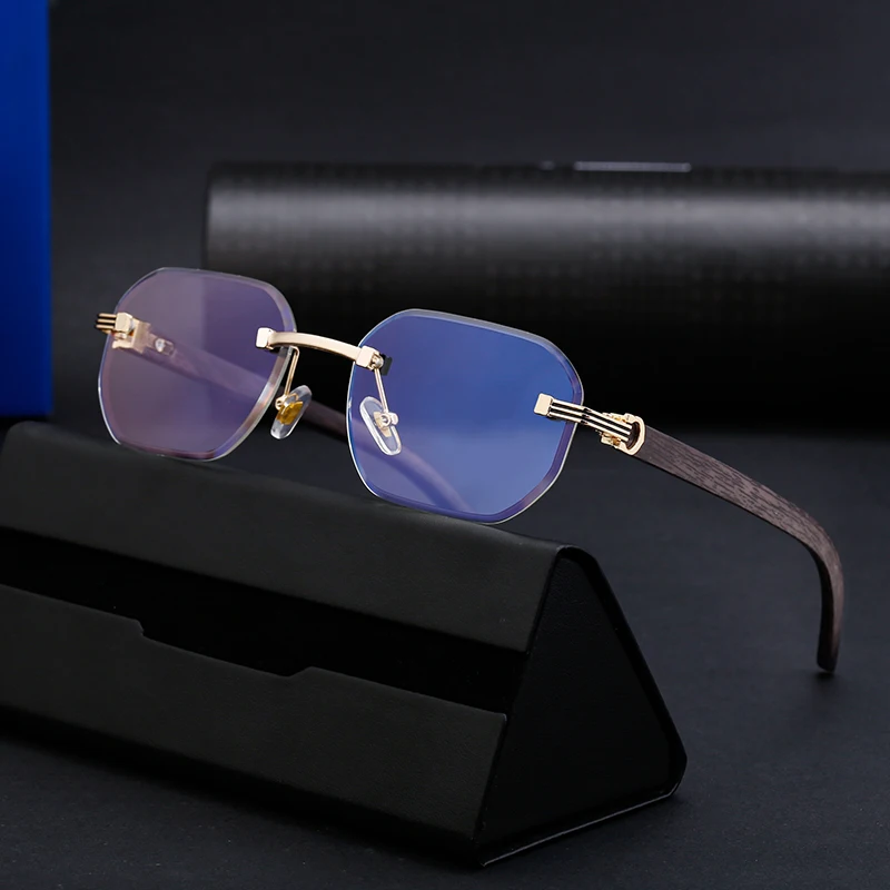Partagas Vintage Retro Designer Rimless Diamond Cut Lens Wood Grain Temple UV400 Shades Sun Glasses Sunglasses for Men Women