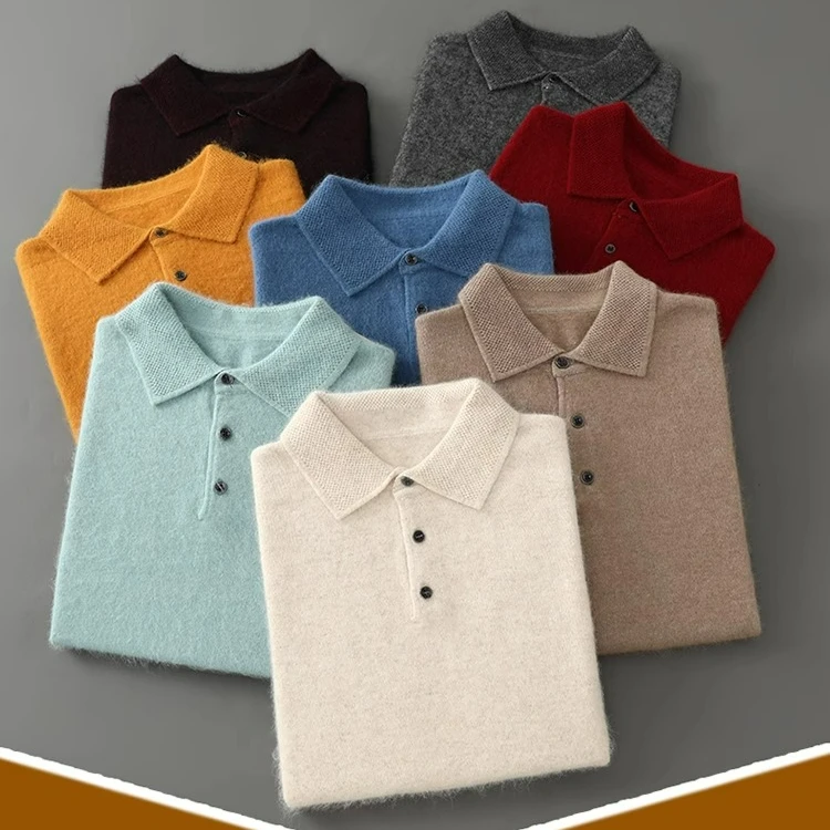 

New pure mink sweater POLO neck knitted sweater men's temperament long-sleeved loose and versatile bottoming sweater