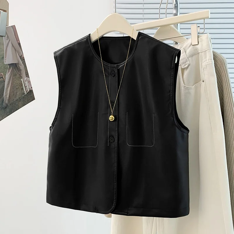Nuovo gilet Jaet in pelle PU vestibilità ampia ort rotondo Ne monopetto capispalla da donna casual Sli colore puro pendolari
