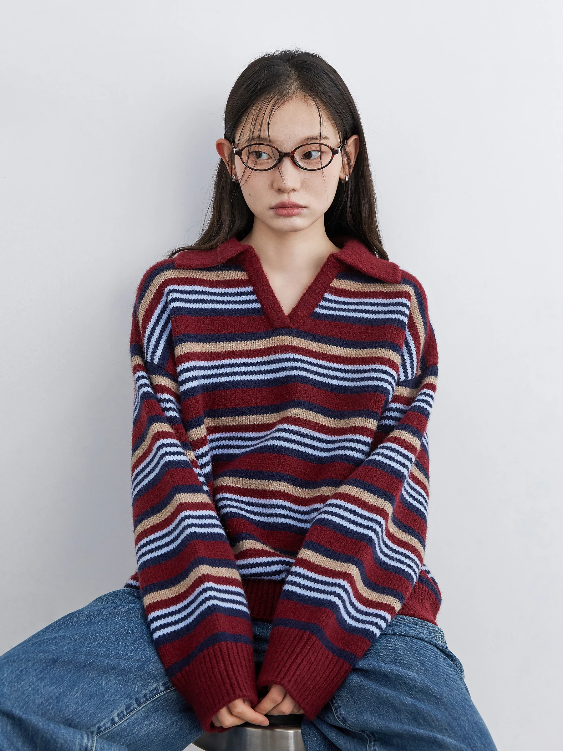 

CHICVEN Luxury Simple Ele Autumn Winter Vintage Color Blo Striped V-Ne Ne Warm Knitted Sweater for Women