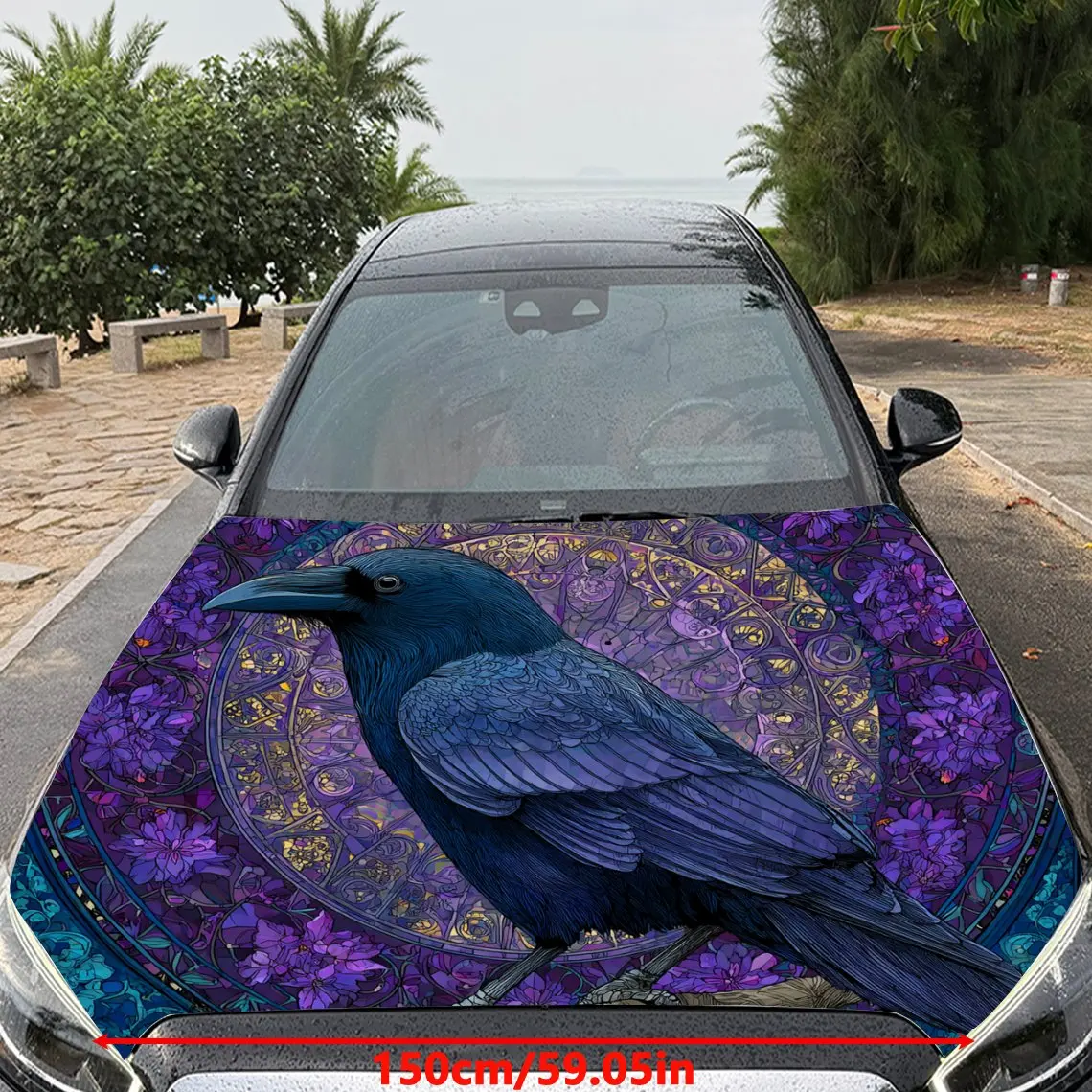 Car Decals Crow with Glossy, Deep - Hued Plumage Amidst Elaborate Floral Pattern Car Hood Sticker, Waterproof Self - Adhesive Vi