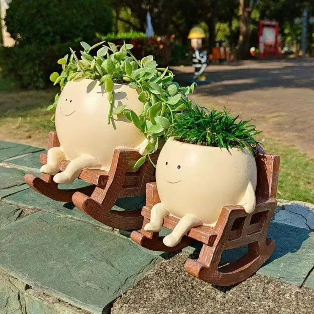 Square Small Rocking Chair Smiley Face Creative Mini Flower Pot Cute Resin Succulent Planter High Aesthetic Decor For Balcony