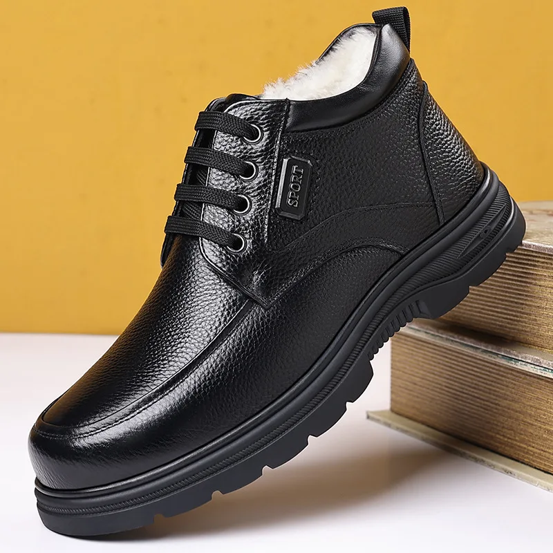 Men's Business Formal Leather Boots 2026 Thickened Plush Cotton Warm High Rise Thick Soled Shoes for Casual And Formal Wear