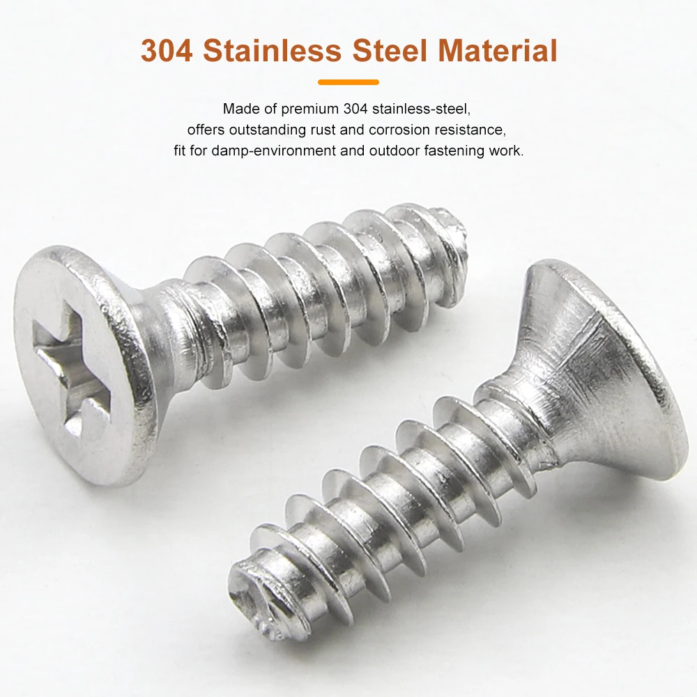304 Stainless Steel Cross Countersunk Head Flat Tail Tapping Screw M1 M1.4 M1.6 M1.7 M2 M2.5 M3 M4 M5 M6 CSK Phillips Head Screw