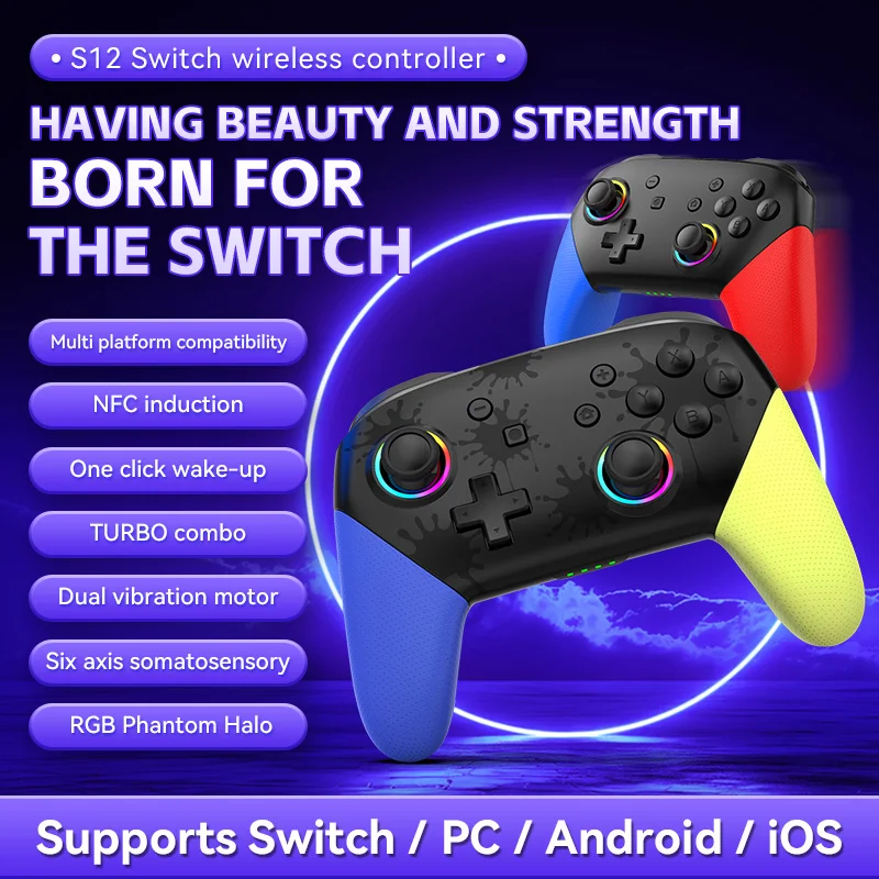 

For PC Wireless Gaming Controller for Switch/Android/iOS Six-Axis Gryo Dual Vibration Gamepad NS Accessories with RGB Lights