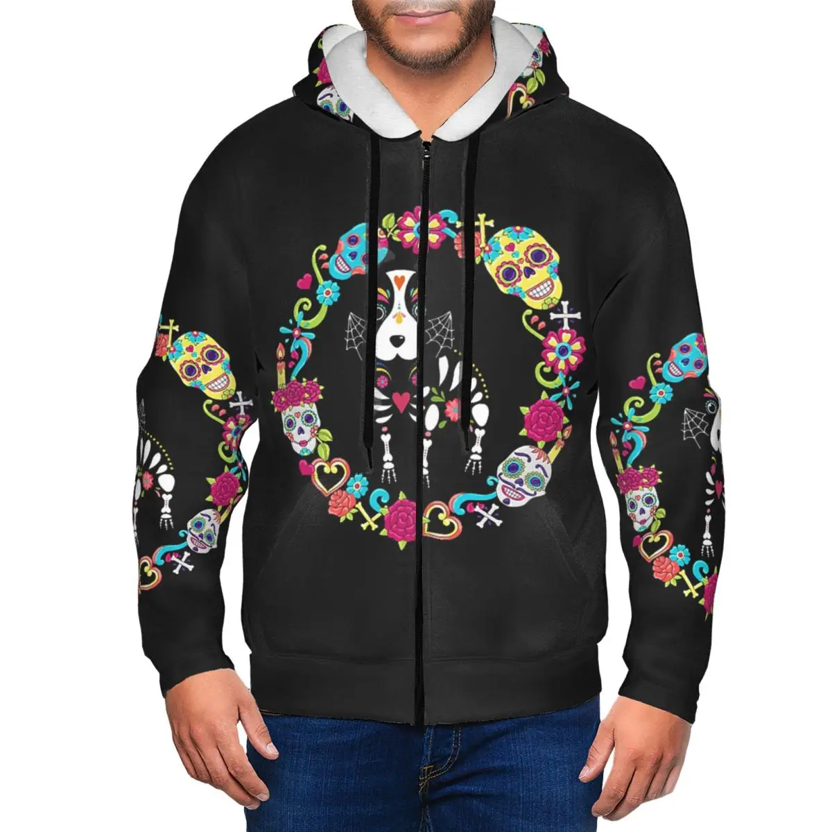 Dog Dias De Los Muertos Day Of The Dead Zipper Hoodie Harajuku Pullover Autumn Winter Men's Women's Sweatshirts Long Sleeve Tops