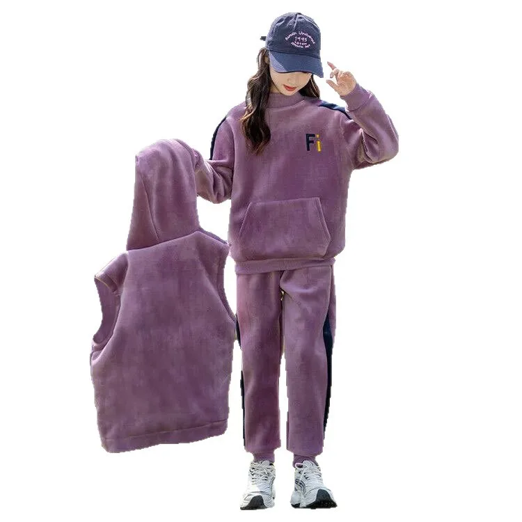 2026 Winter Girls Tracksuit Autumn Toddler Teenager Clothes Velvet Jacket Vest + Hooded + Striped Pant Child Set 4 10 11 12 Year
