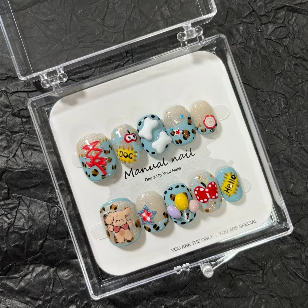 10 Pieces Cute Cartoon Handmade Press On Nails Leopard Print Teddy Bear Balloons Stars Buttons Fake Nails Removable Reusable