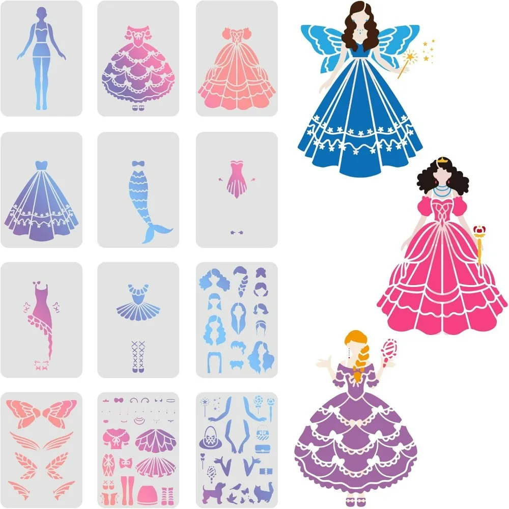 12pcs Princess Stencils for Painting Walls 11.6x8.3inch Elf Princess/Mermaid Outfit Change Stencils Rectangle Stencils