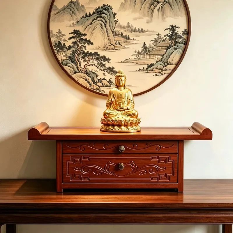 Small shrine offering table,household Chinese-style Guanyin Buddha statue, table top offering base, incense burner storage shelf