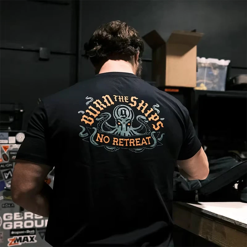 Kraken Burn The Ships Military Tactical Fitness Trend Brand T-Shirt Cotton Graphic Tee Men Women Summer Streetwear