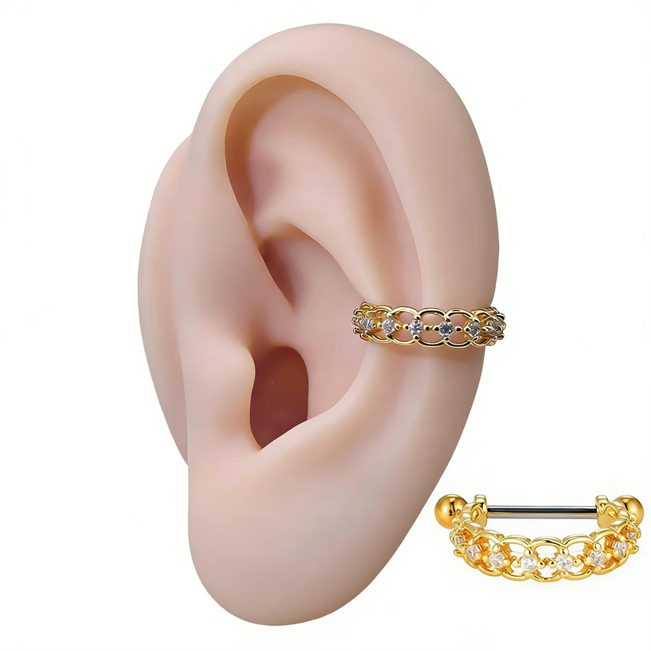 Image of 2er-Set Ohrklemmen und Knorpelringe, 16G Titan Barbell Helix Daith Lobe Echt- und Fake-Piercing-Schmuck, CZ Zirkon Hoop Ohrring