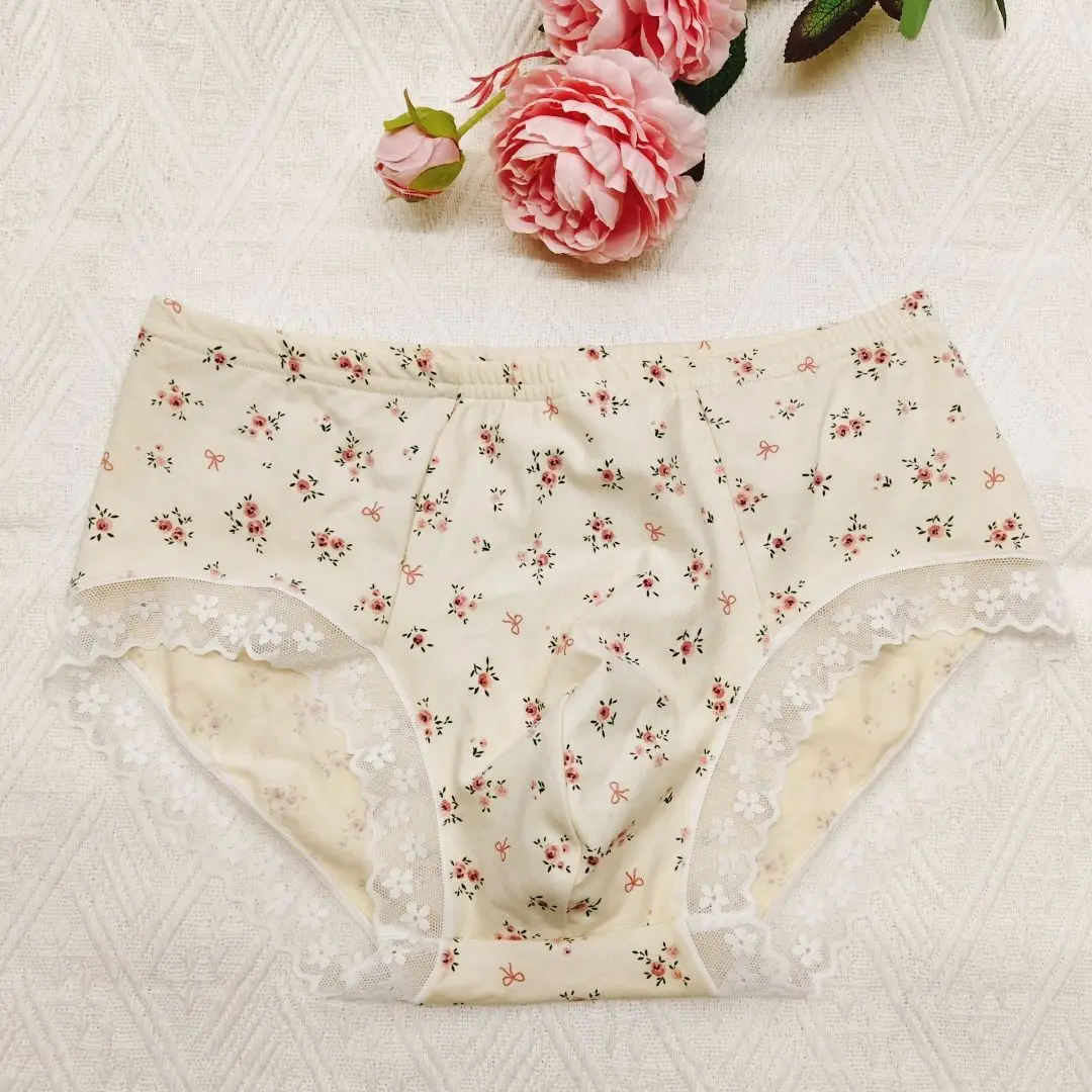 Man's Mid Rise Floral Print Convex Pouch Underwear Sissy Sweet Lace Trim Briefs, Soft Breathable Crossdressing Panties