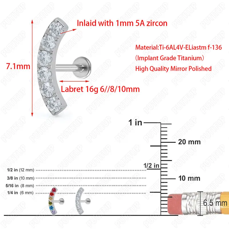 Ti-6AL4V-ELiastm F136 Implantation Grade Spiral Piercing 16G Labret Ear Piercing Color 5A CZ Tragus Cartilage Piercing Jewelry