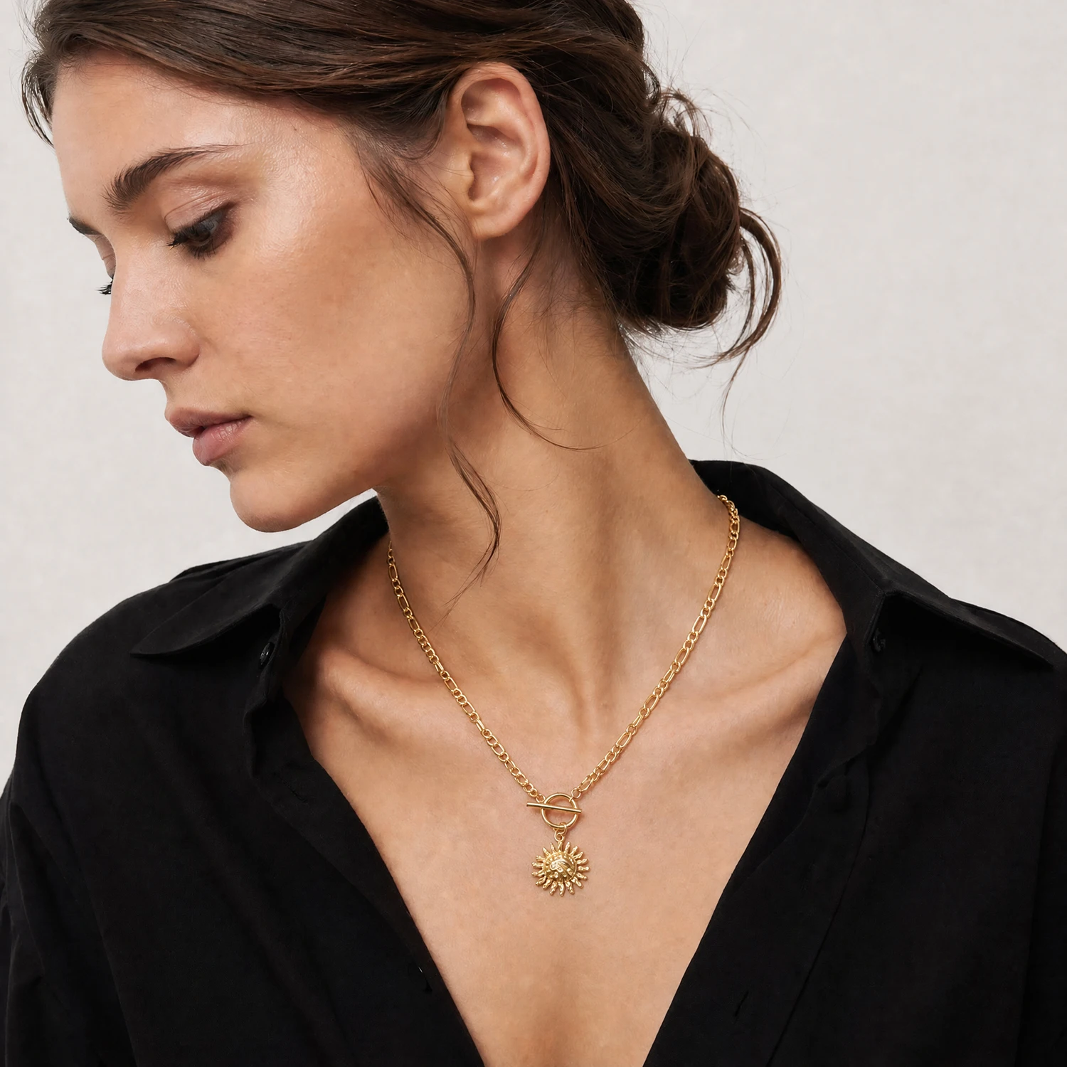 Sun Pendant Necklace Figaro Chain, 304 Stainless Steel Gold Plated, Waterproof Daily Statement Fashion Jewelry for Women