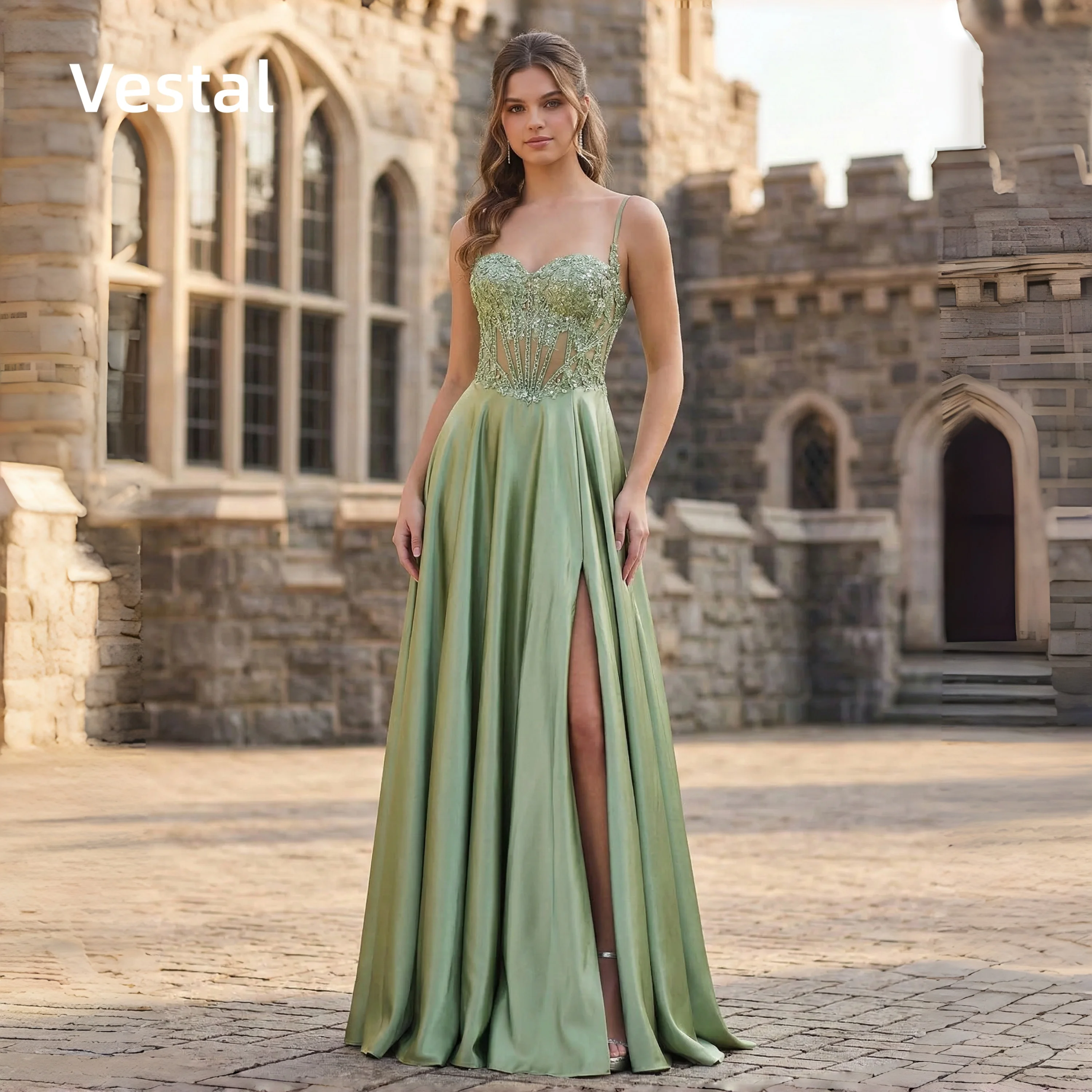 

Sage Green Spaghetti Strap Lace Corset Prom Dress Satin High Slit Women A-line Evening Banquet Gown Customized