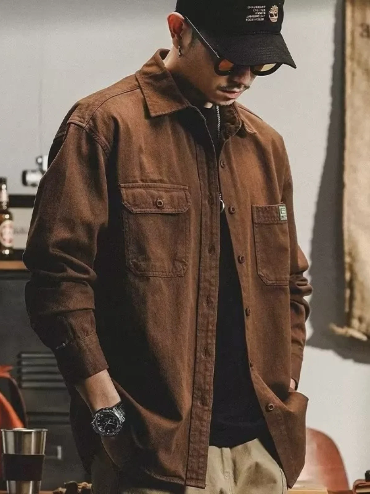 

American Casual Long Sve irt Men's Retro Workwear Ameika Jaet Spring Autumn Sle Pure Color Collar Single Button