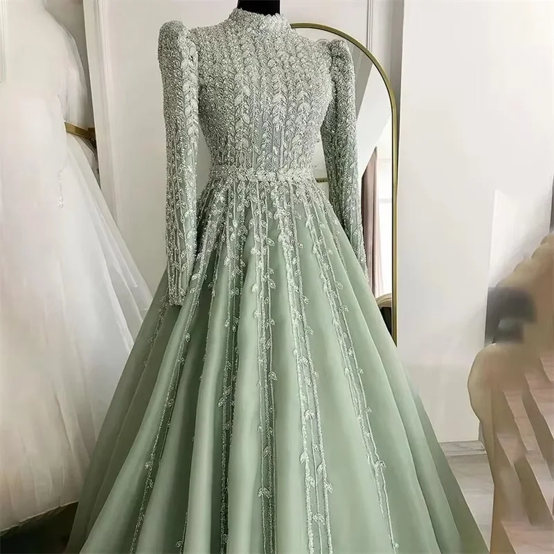 Mint Middle Eastern Evening Dresses Luxury Long Sleeves Beaded Saudi Arabia Dubai Robe De Soiree Prom Dress Gown Customized