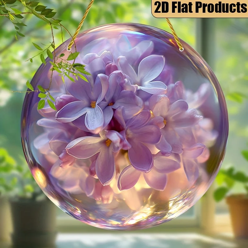 2D Flat Purple Lilac Flowers Round Acrylic Hanging Ornament, Dreamy Translucent Glass Ball Window Suncatcher, Floral Home Decor