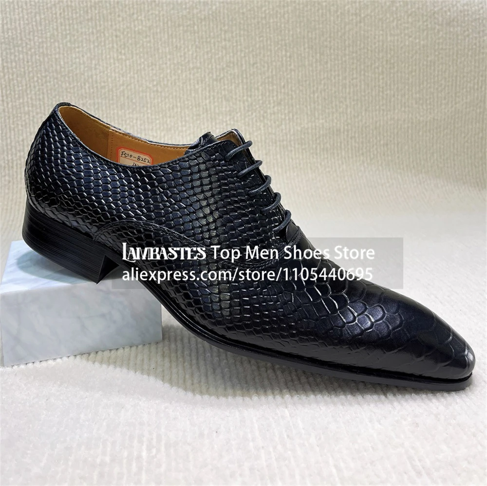Navy Blue Gradient Snakeskin Oxford Dress Shoes Embossed Python Scale Lace Up Leather Shoes Burnished Ombre Snake Texture Oxford