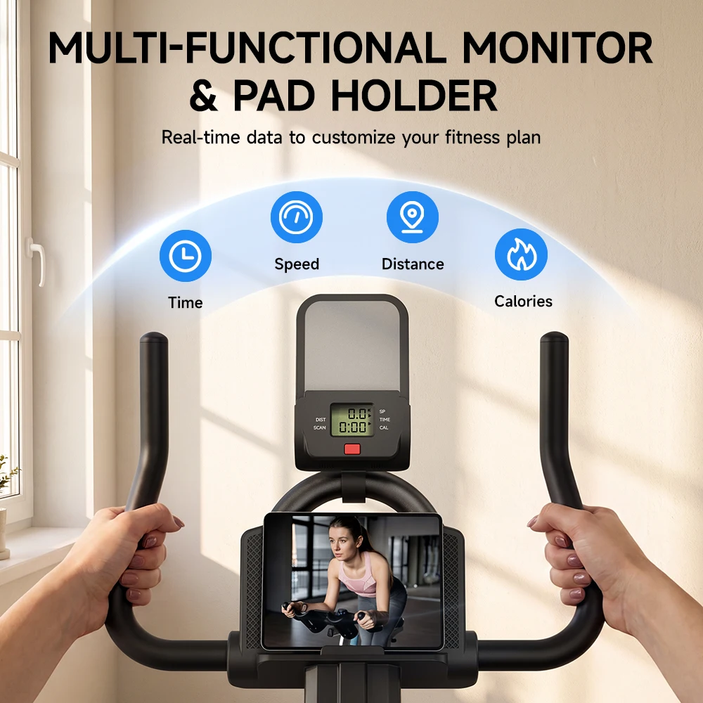 Formill DC001A & DC002A – magnetisches, stationäres Heimtrainer-Fahrrad, Indoor-Cycling-Fahrrad mit 8 kg schwerem Schwungrad, LCD-Monitor, verstellbarer Sitz und Tablet-Halterung für das Training im eigenen Fitnessraum. – Detail 14