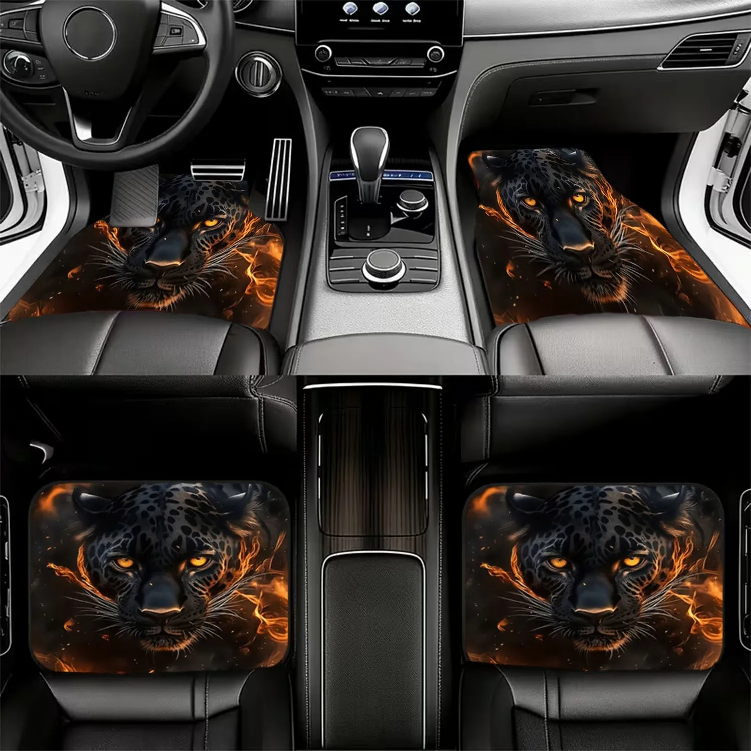 4pcs Car Floor Mats, Material, Fierce For JAGUAR Head Pattern (Fiery Flames, Dark Smoky Background), Suitable For Car Interior,