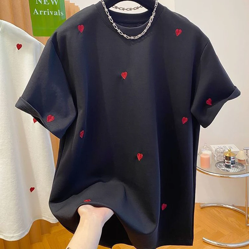 Verão amor bordado masculino o pescoço manga curta t camisa adolescente moda all-match 2xl roupas de casal de grandes dimensões preto branco cinza
