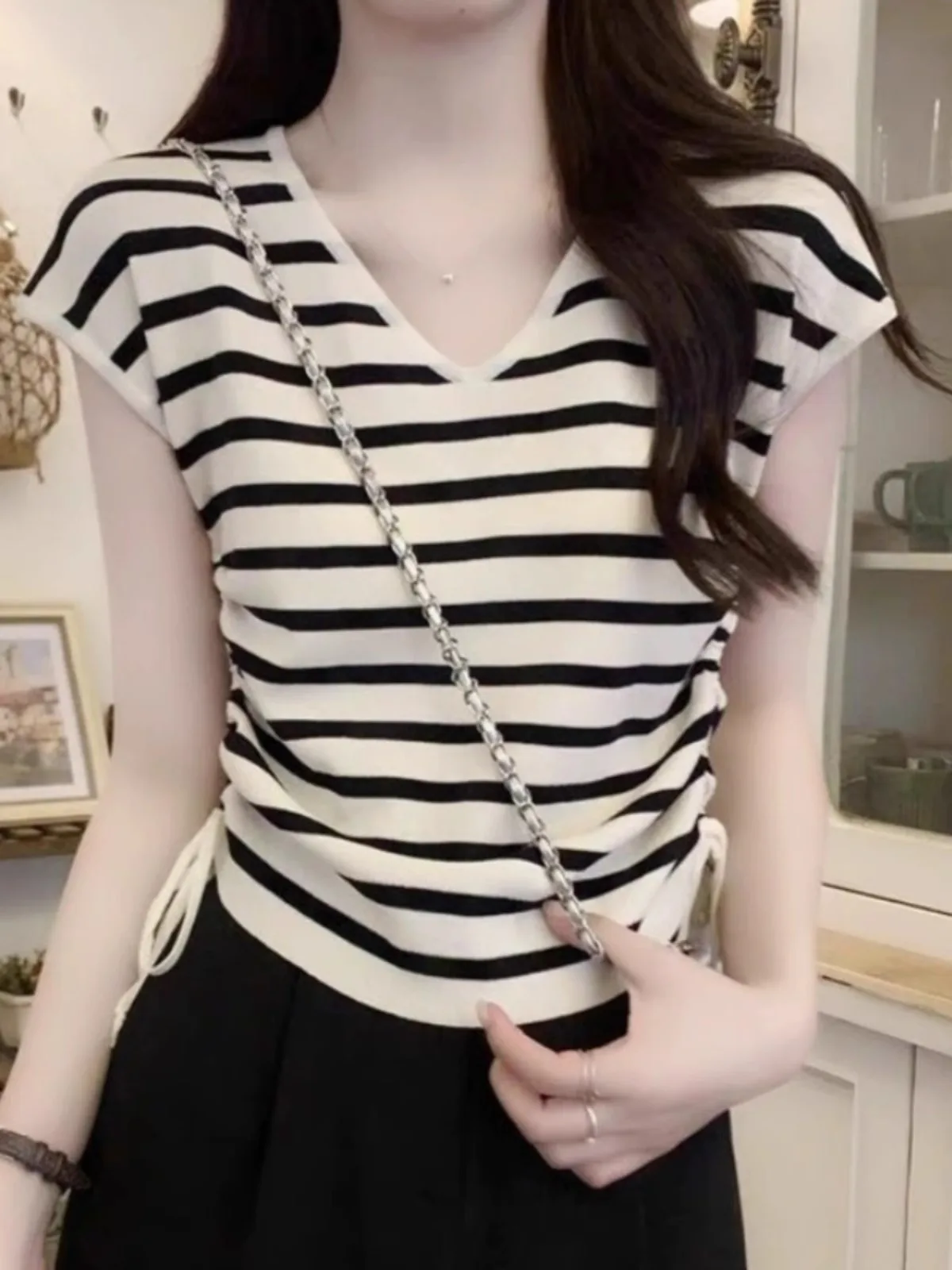 This year's popular drawstring striped knitted ice silk short-sleeved women's thin T-shirt loose half-sleeved blouse