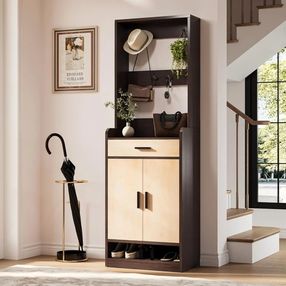 3-Tier Entryway Shoe and Coat Storage Organizer with Doors and Metal Handles, Dark Walnut & Maple Finish