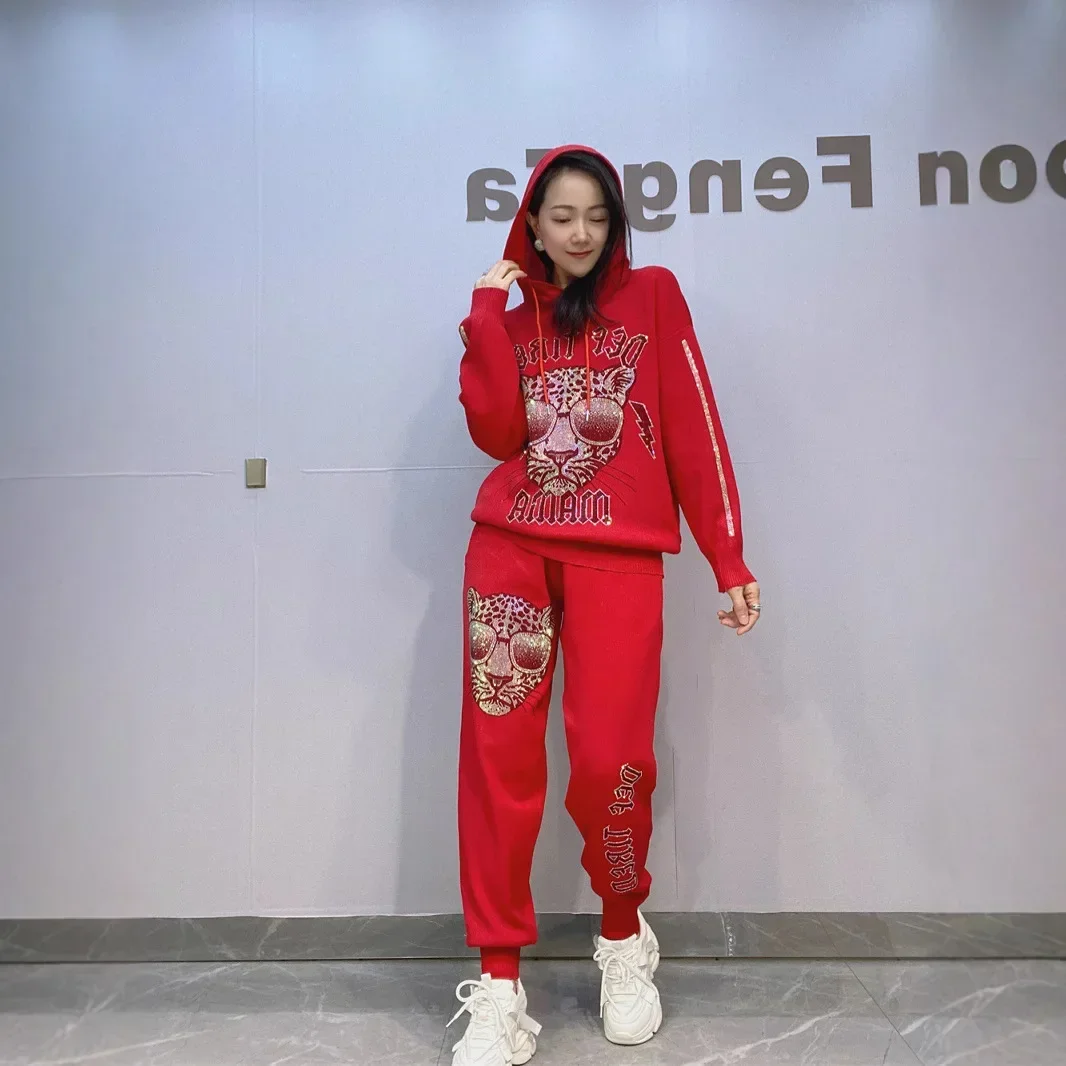 캐주얼 두 조각 세트 여성 의상 만화 다이아몬드 후드 탑 긴 바지 뜨개질 여성 Tracksuit Pantalon Pour Femme