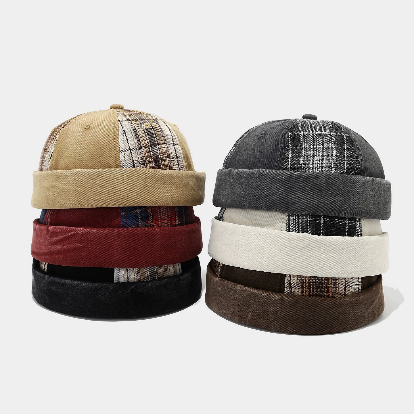 Unisex Plaid Spliced Hip-Hop Brimless Beanie Turn-up Skullcap Melon Cap Casual Landlord Hat for Men and Women