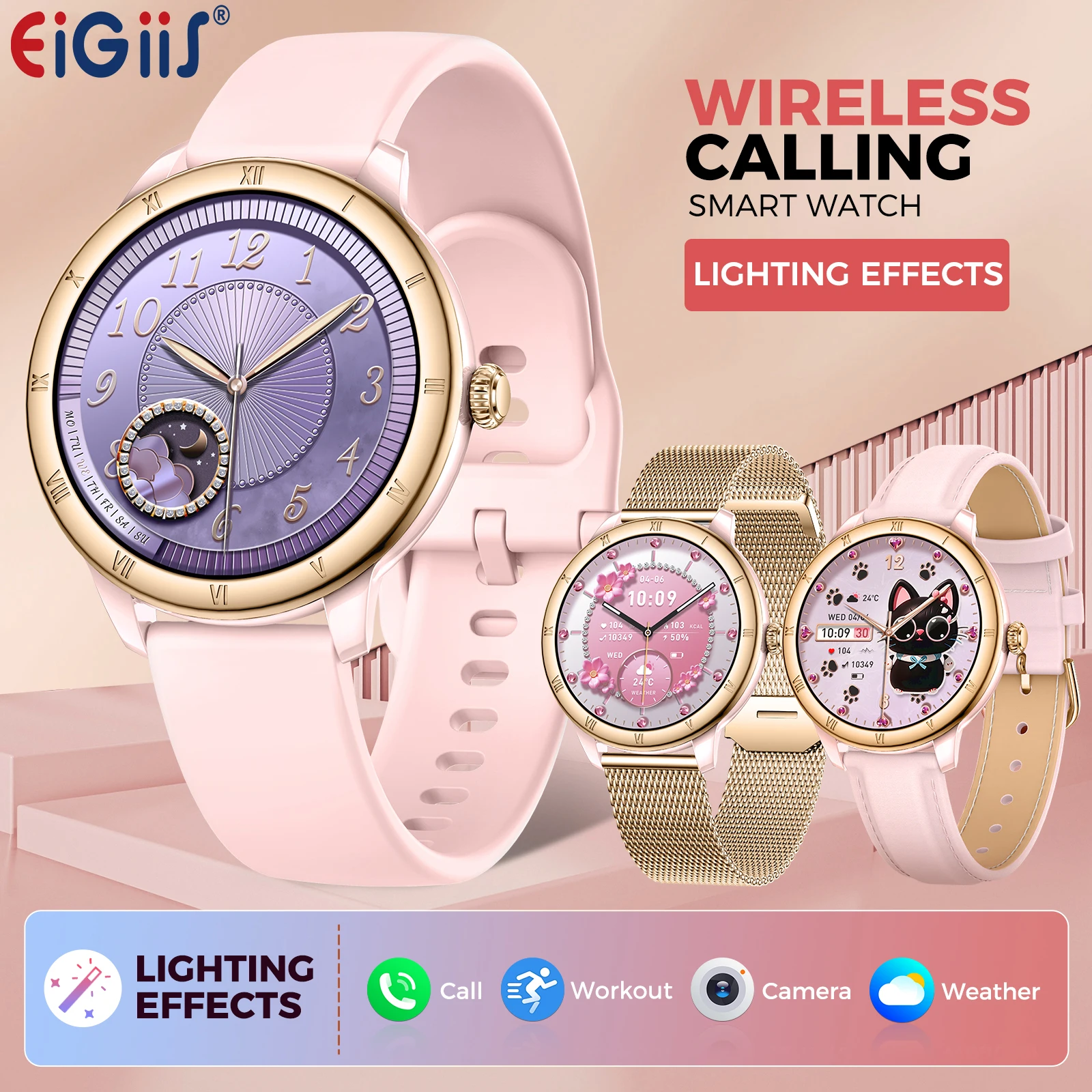 

EIGIIS Смарт-часы для женщин Bluetooth-вызов с мультиспортивным режимом Шагомер Мониторинг сна/сердечного ритма Водонепроницаемые умные часы