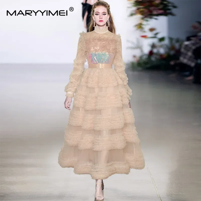 Gedivoen Designer femmes robe col debout bord d'oreille en bois à manches longues plume paillettes Sexy fête élégante robes de gâteau de bal