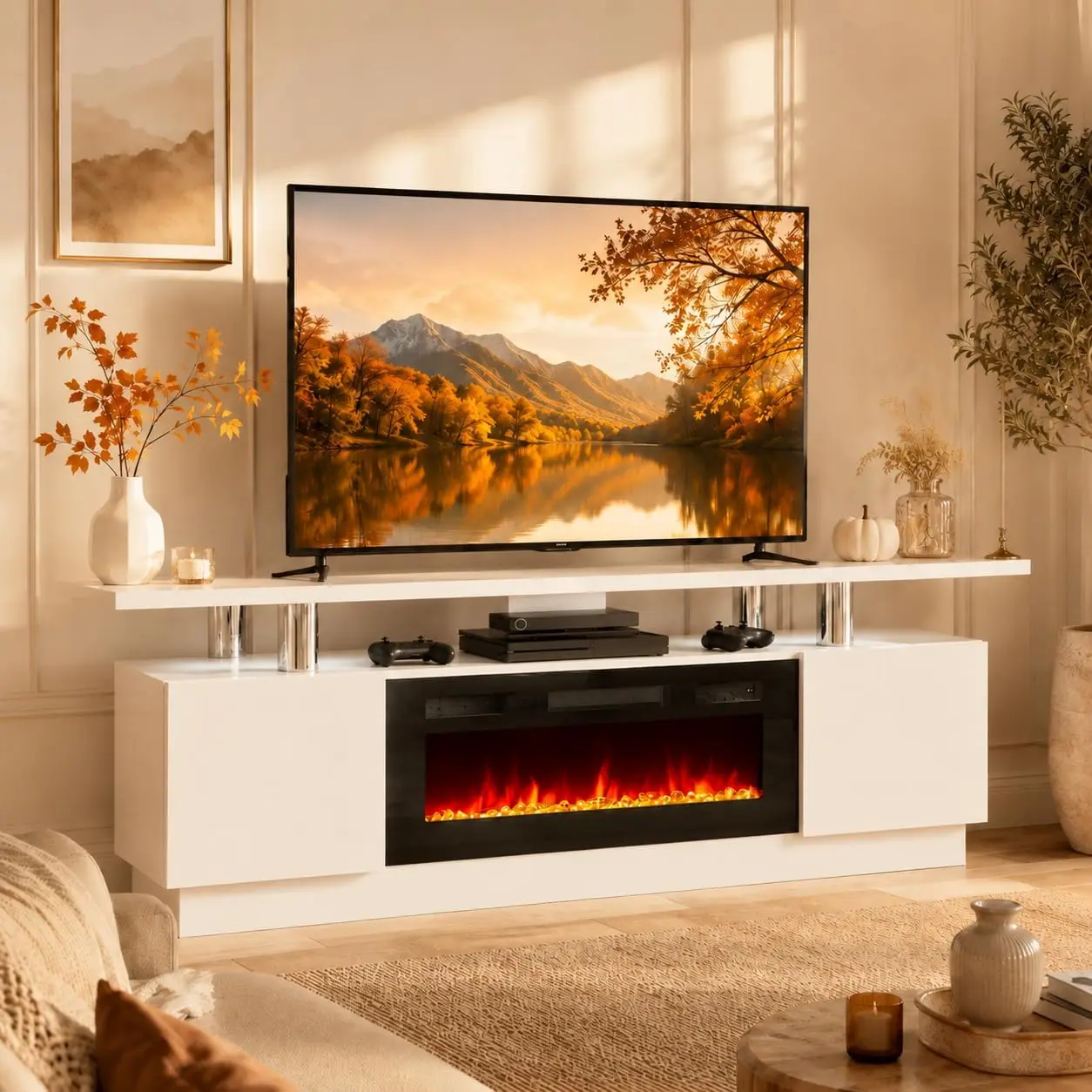 Two-Tone Fireplace TV Stand Cabinet 60 Inch with 30 Inch Electric Insert, Customized