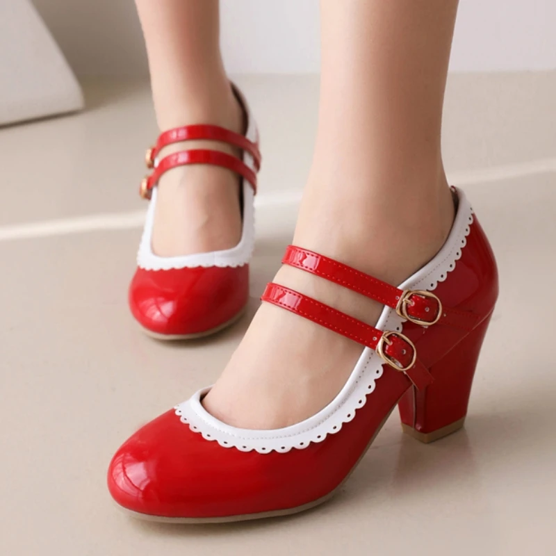 

Женские туфли Мэри Джейн на высоком каблуке с ремешками на щиколотке, черные, синие, красные, белые, розовые туфли-лодочки на каблуке, вечерние свадебные туфли, женские большие размеры 48