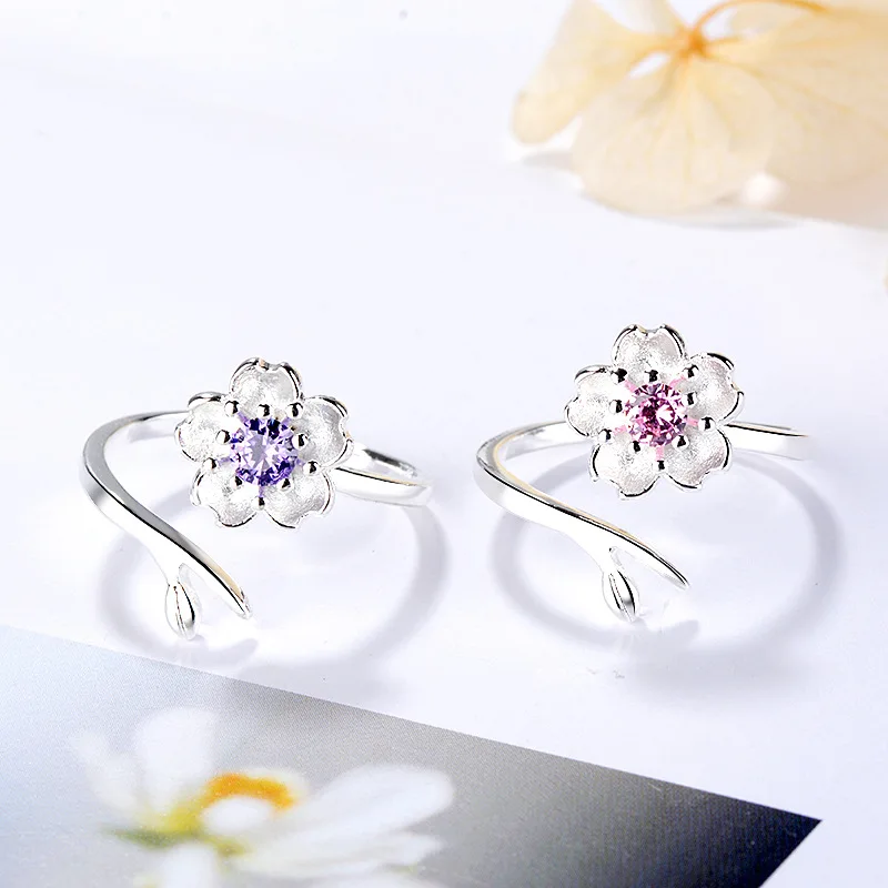 Cute Romantic Sakura Flower Rings For Women Charm Cubic Ziron Stone Prong Setting Simple Style Open Ring Jewelry Best Gifts