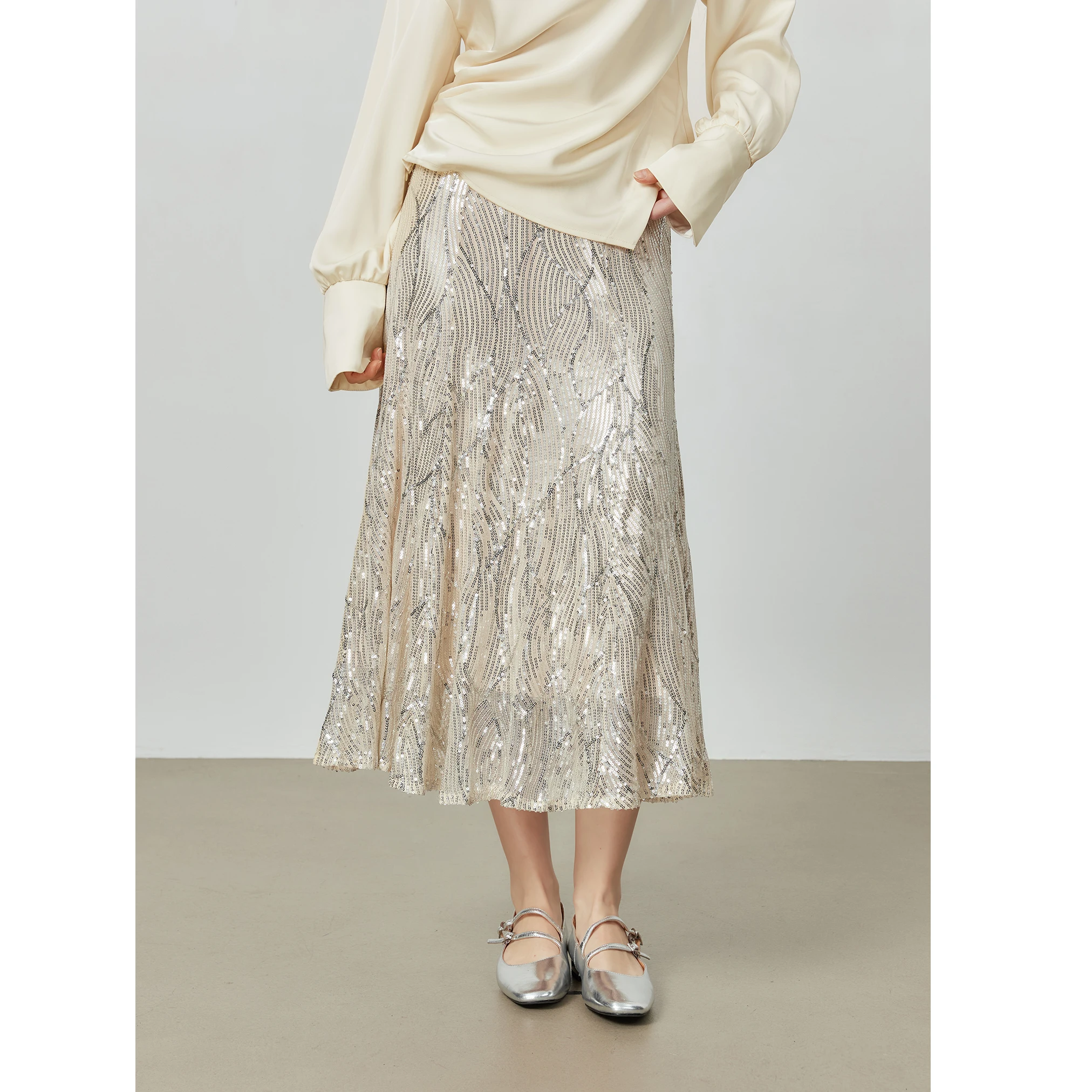 

ASSEUU Серебристая юбка-миди с пайетками и эффектом «рыбий хвост» для женщин, А-силуэт, Весна 2026, Элегантная драпированная юбка, удобная для повседневной носки