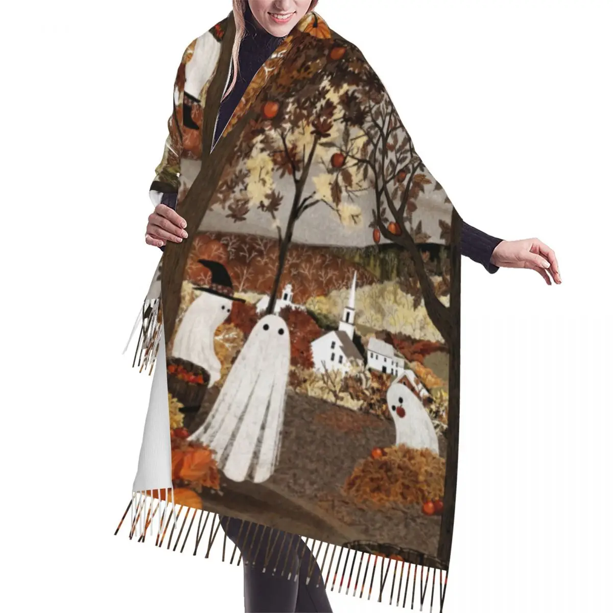 

Personalized Printed Apple Orchard Scarf Women Men Winter Fall Warm Scarves Halloween Horror Ghost Shawls Wraps