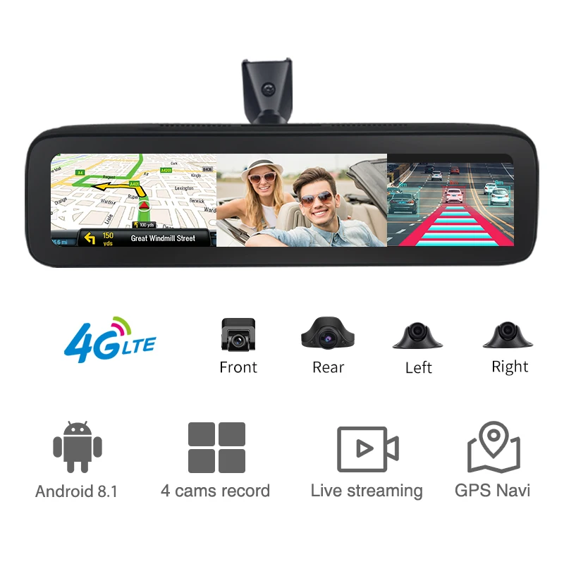 12 Inch Car Rearview Mirror 4 Camera DVR Camera Video Recorder Android 8.1 GPS Navigation 4K HD 1080P Dash Camera Video Recorder