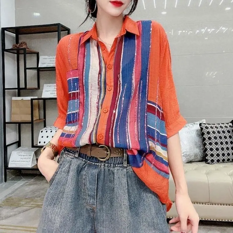 Casual Contrasting Colors Striped Spliced Shirt Women\'s Clothing Fashion Polo-Neck Summer Single-breasted Chic Diamonds Blouse