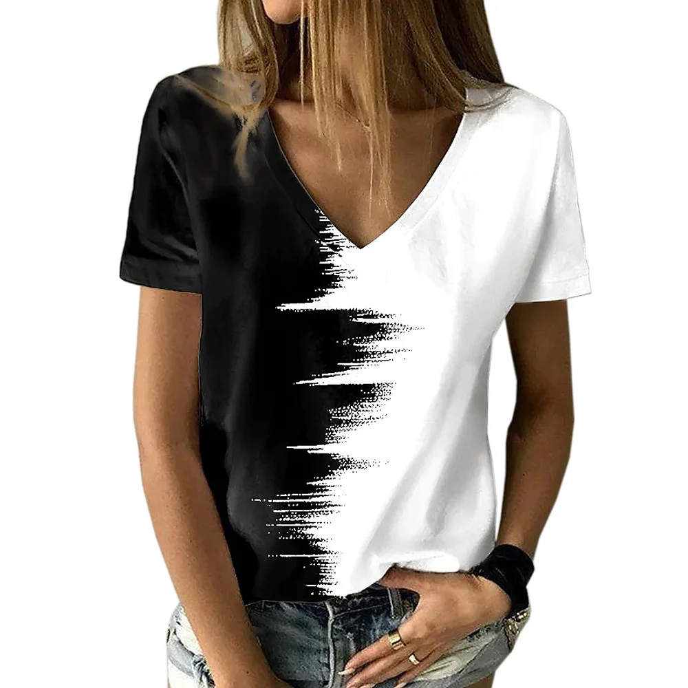 New women's V-neck T-shirt, black and white, suitable for document subscribers, 3D printing, vacation, streetwear