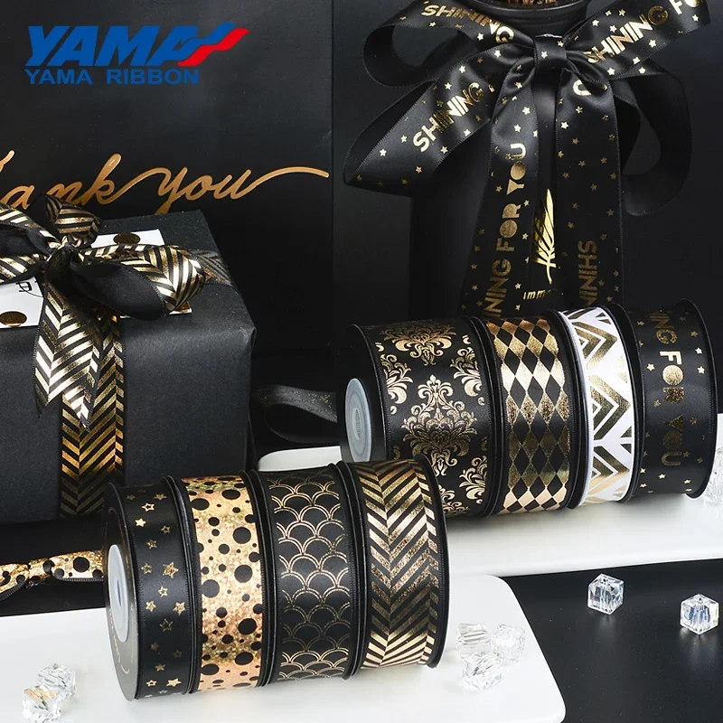 YAMA Gold Foil Printed Black Ribbon, Lover Gifts Box, Noble Satin Ribbons para Gift Packaging Decoração, DIY Craft, 12 jardas/rolo